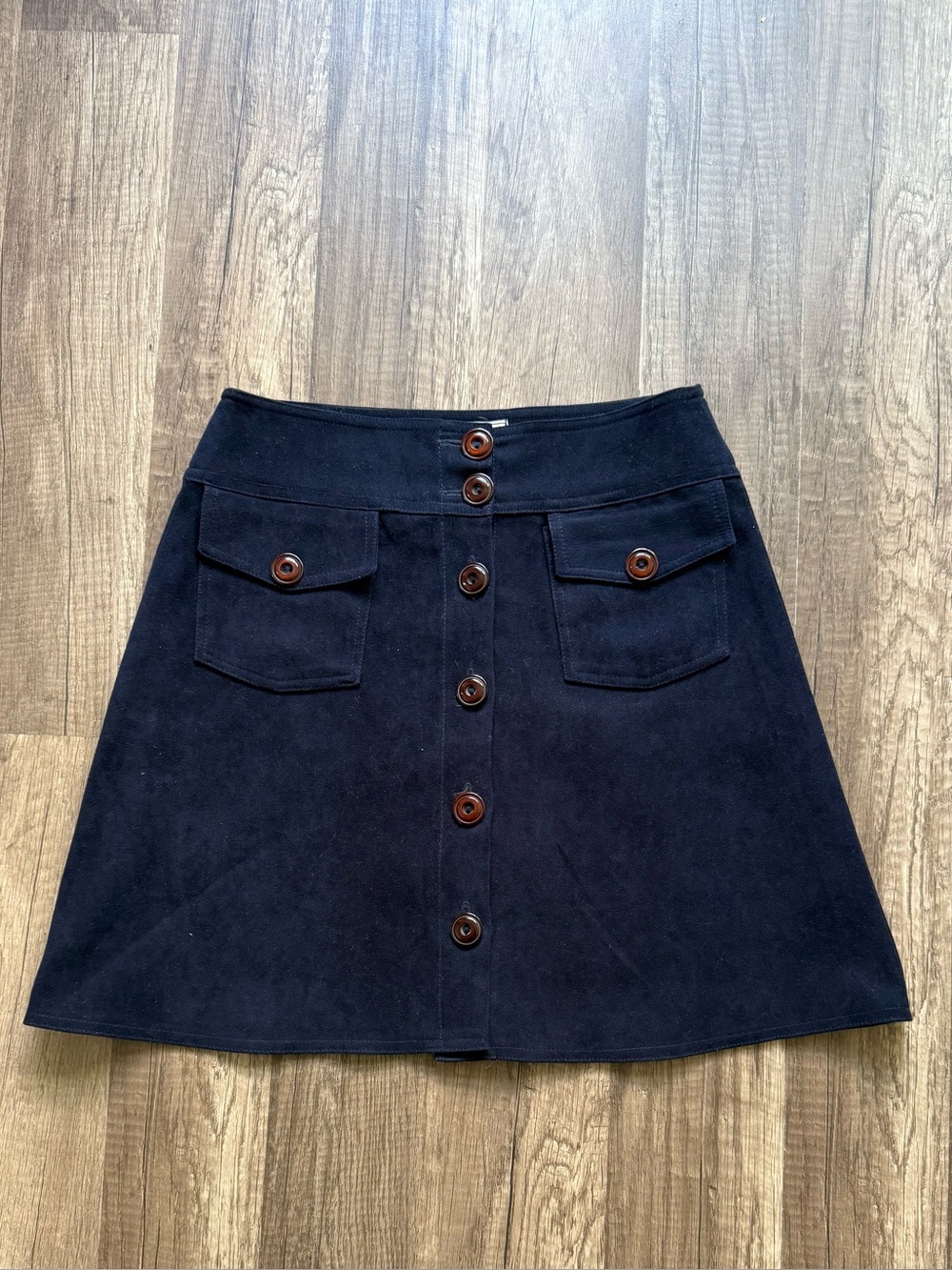 M.Oliver Navy Blue Faux Suede A-Line Button Front Skirt Size 36